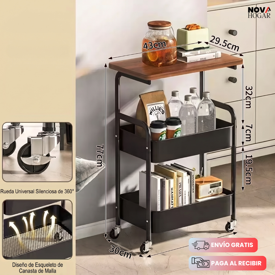 DuoOrganize™ Organizador De Tres Niveles Con Ruedas y Mesa Incorporada