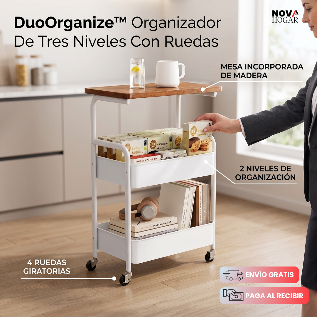DuoOrganize™ Organizador De Tres Niveles Con Ruedas y Mesa Incorporada