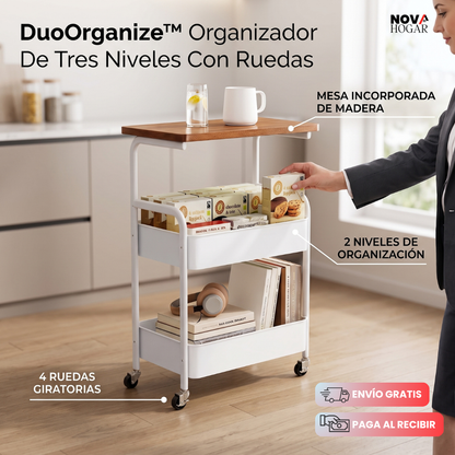 DuoOrganize™ Organizador De Tres Niveles Con Ruedas y Mesa Incorporada