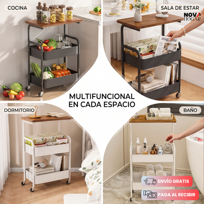 DuoOrganize™ Organizador De Tres Niveles Con Ruedas y Mesa Incorporada