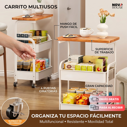 DuoOrganize™ Organizador De Tres Niveles Con Ruedas y Mesa Incorporada